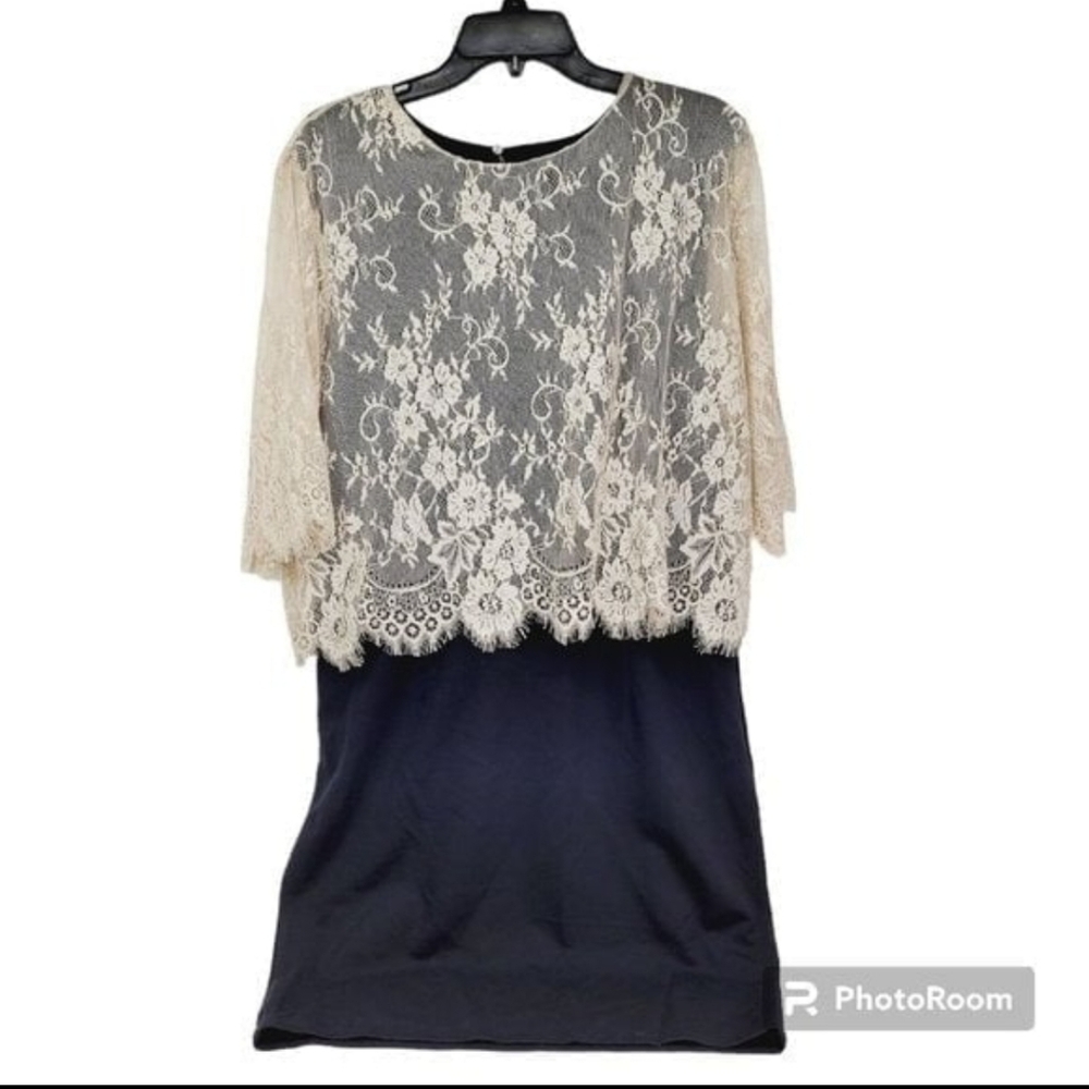 * H&M large black dress Pink lace short sleeve floral fringe overlay stretch